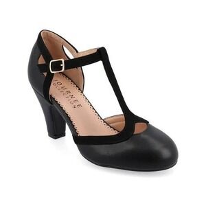Journee Collection Olina T-Strap Pump Heels Black Faux Leather Size 6.5
